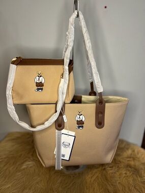 Beige Canvas Tote with Bear Patch and Matching Pouch